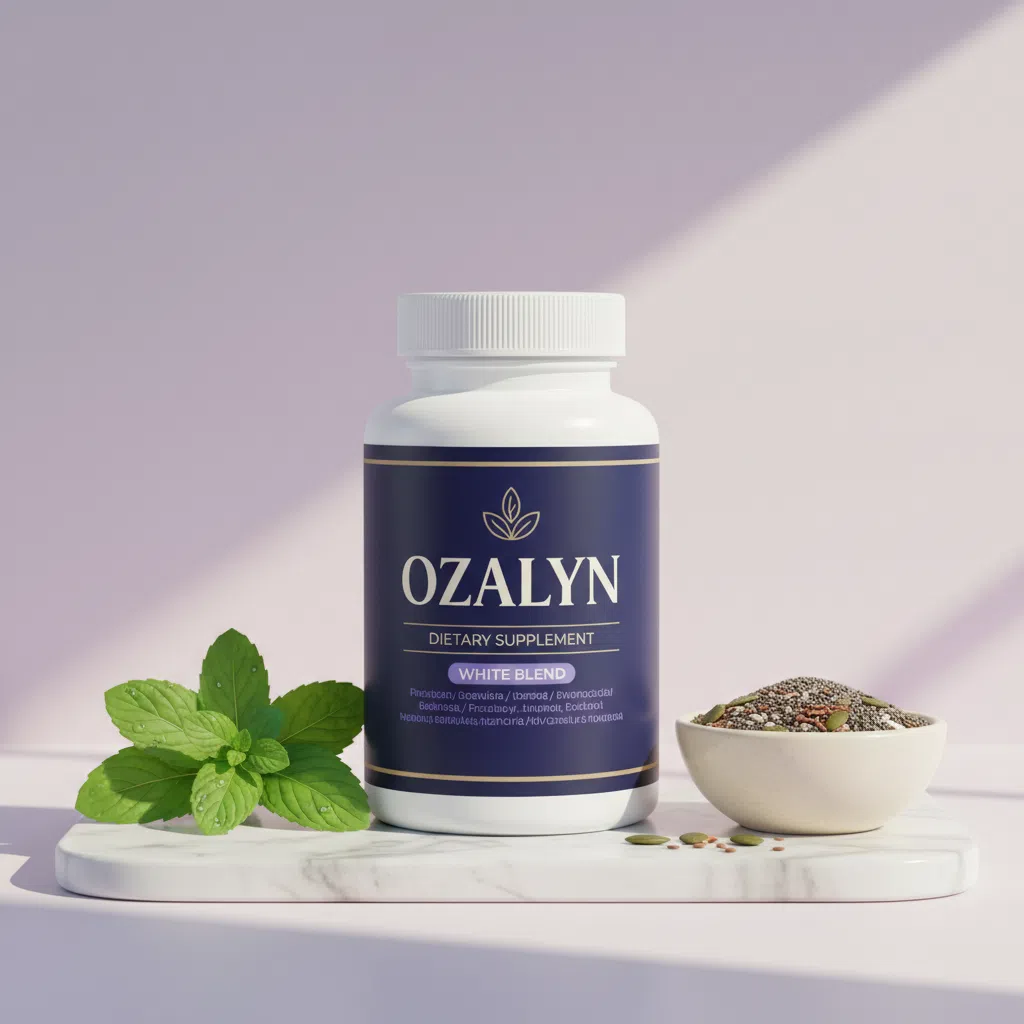 Ozalyn kosttillskott på marmorbänk med naturliga ingredienser - produktbild